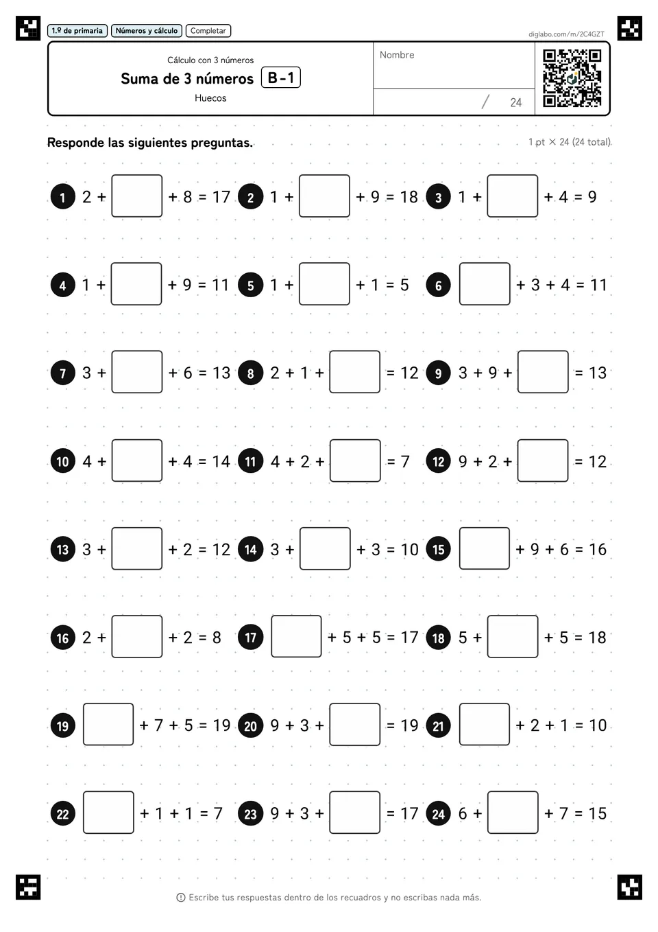 1.º de primaria Cálculo con 3 números Suma de 3 números