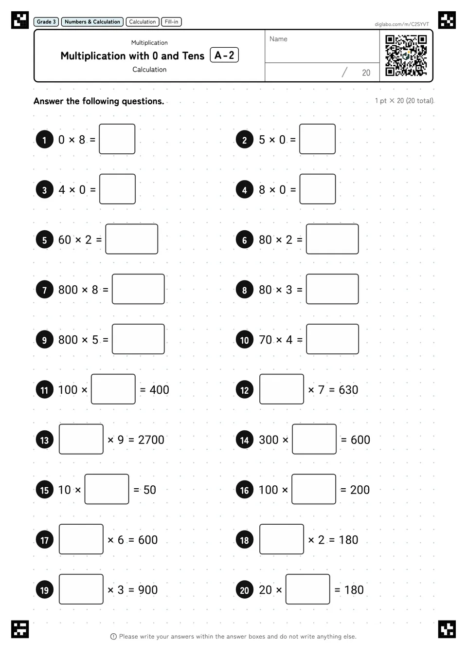 Grade 3 (Elementary School) Multiplication Multiplication with 0 and Tens