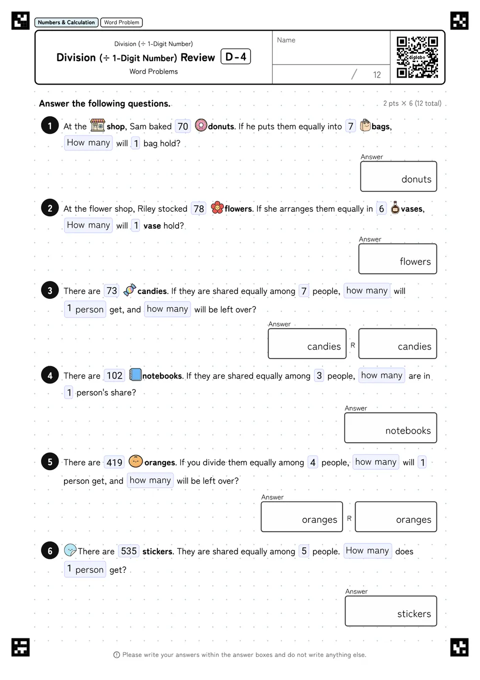Division (÷ 1-Digit Number) Review D-4