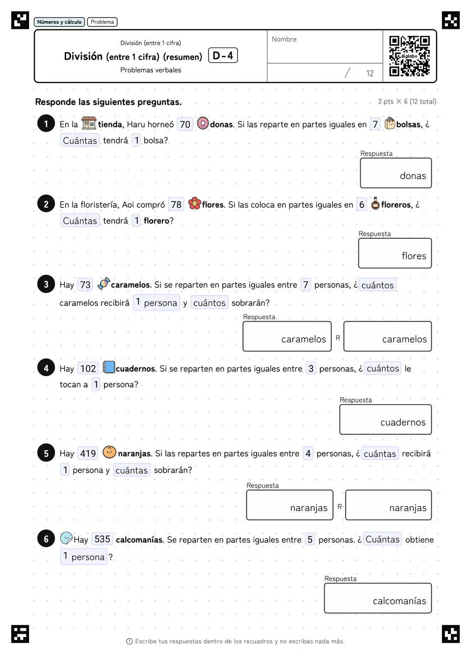 División (entre 1 cifra) (resumen) D-4