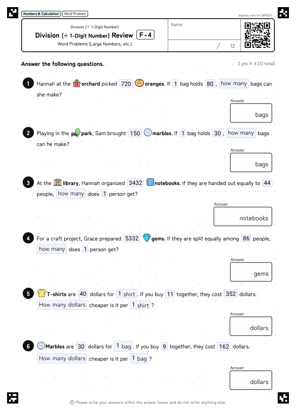 Division (÷ 1-Digit Number) Review F-4