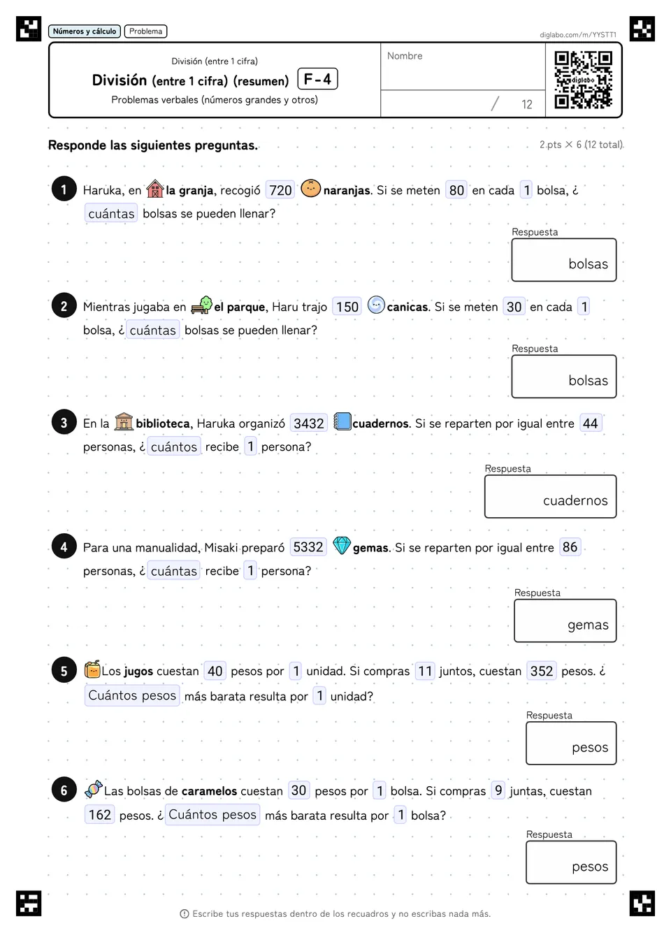 División (entre 1 cifra) (resumen) F-4