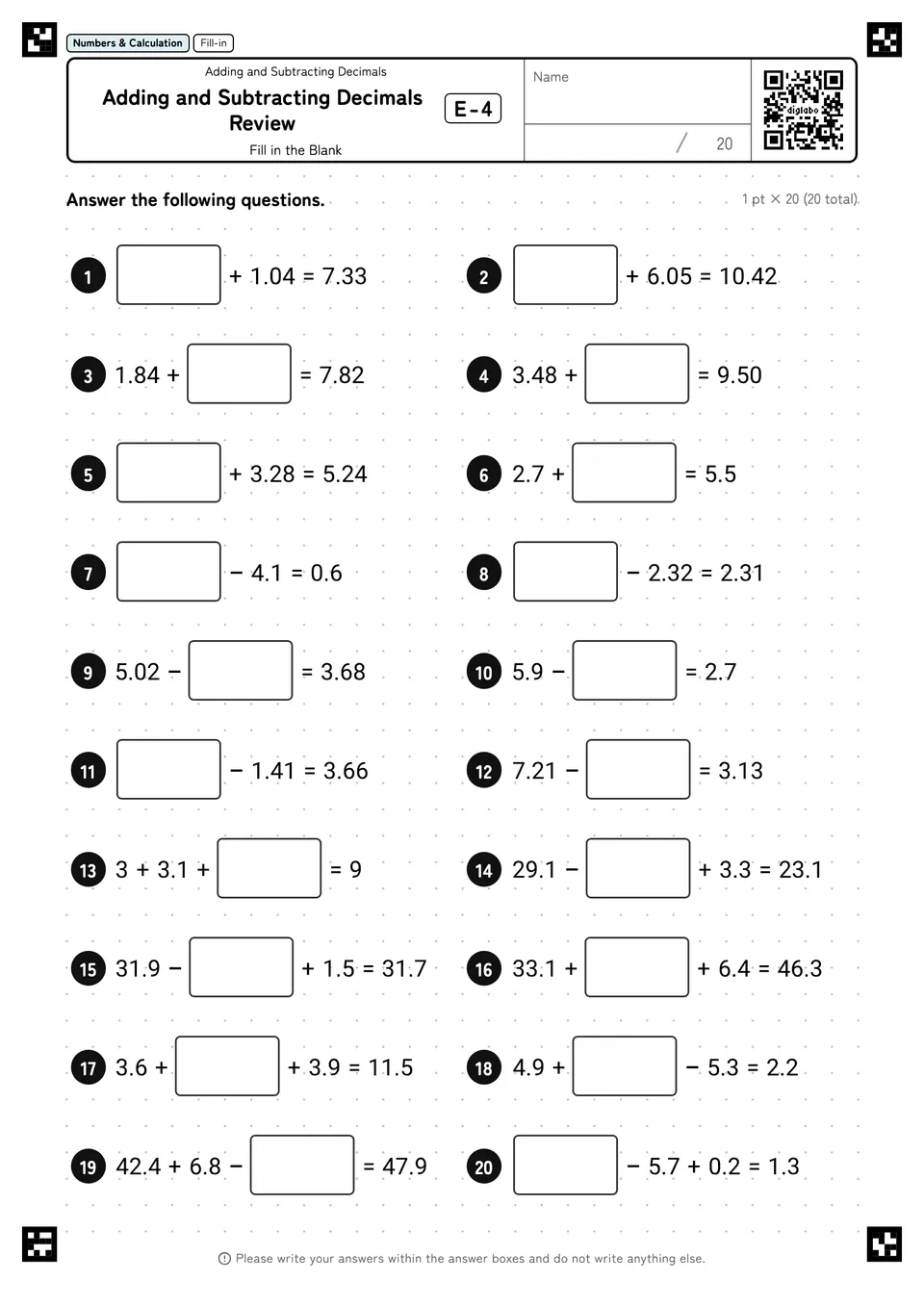 Adding and Subtracting Decimals Review E-4