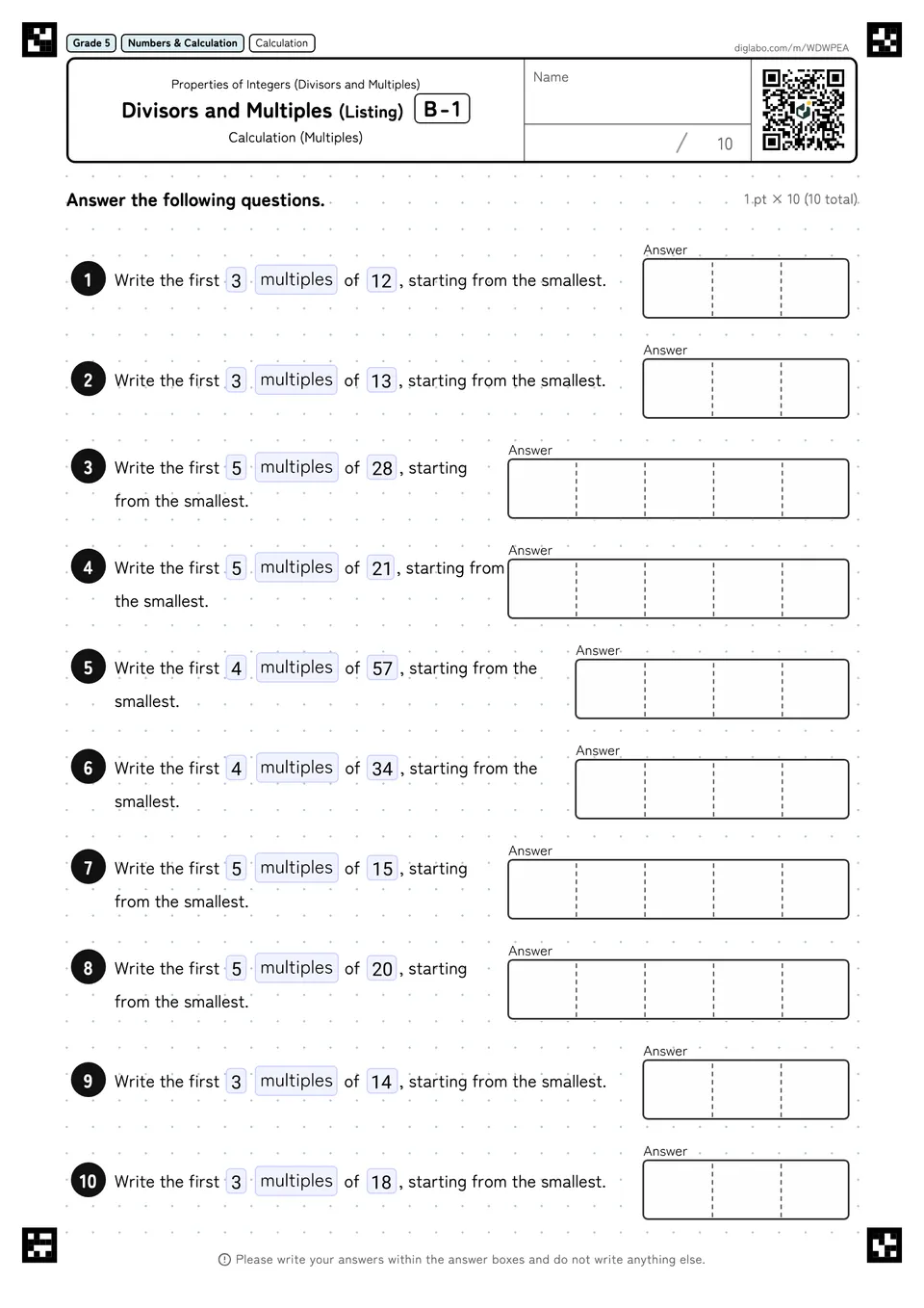 Grade 5 (Elementary School) Properties of Integers (Divisors and Multiples) Divisors and Multiples (Listing)