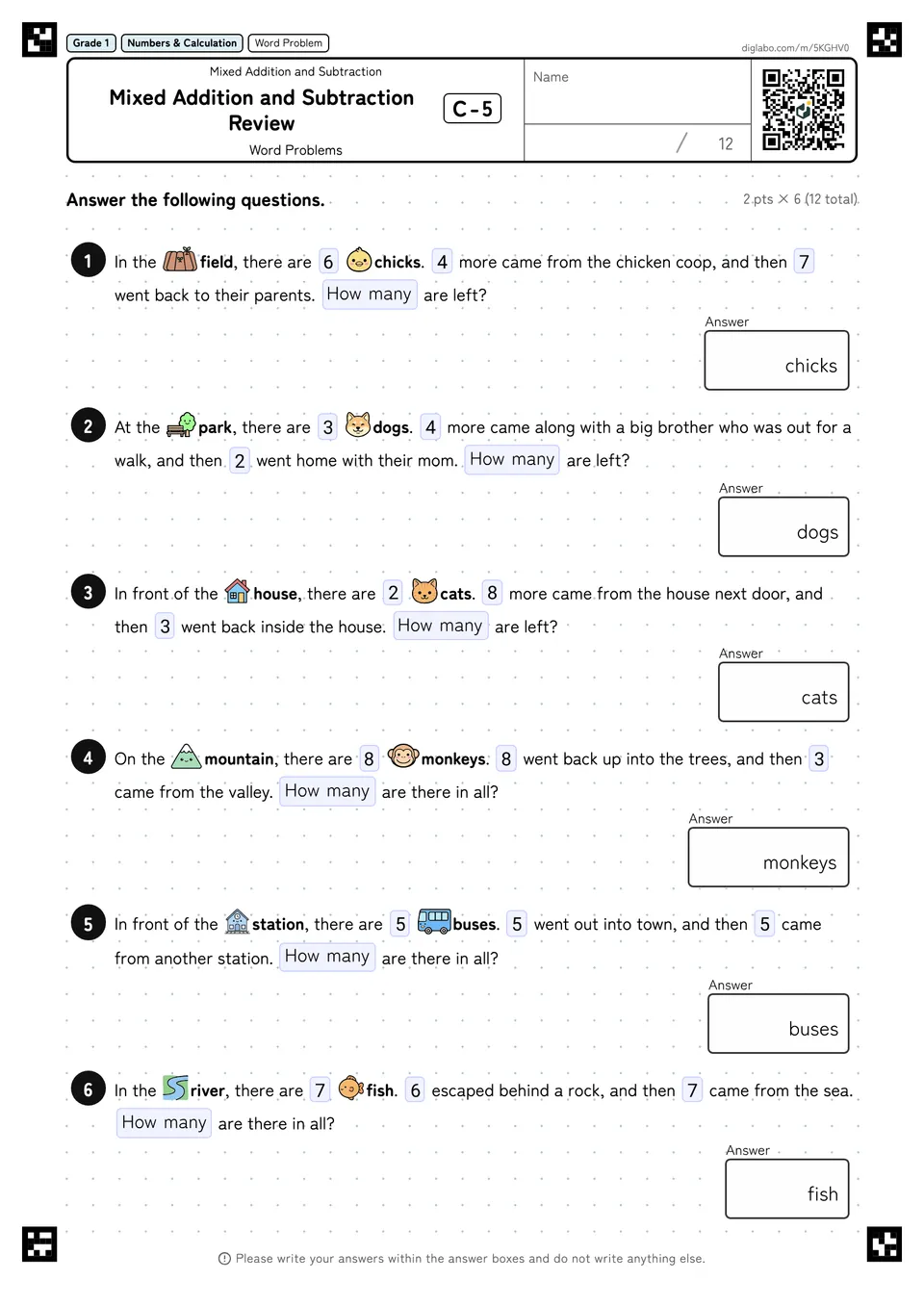 Grade 1 (Elementary School) Mixed Addition and Subtraction Mixed Addition and Subtraction Review