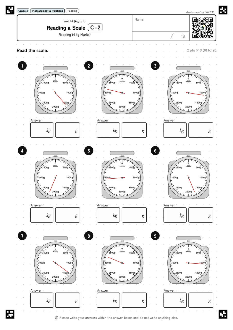 Grade 3 (Elementary School) Weight (kg, g, t) Reading a Scale