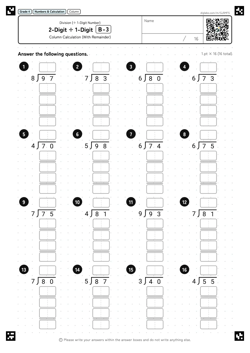 Grade 4 (Elementary School) Division (÷ 1-Digit Number) 2-Digit ÷ 1-Digit