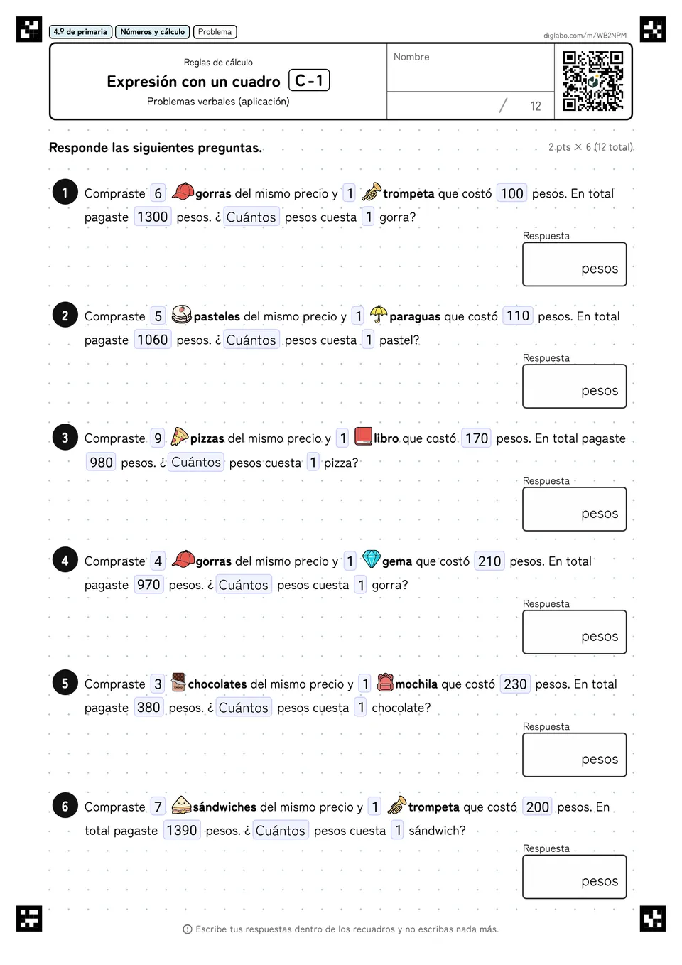 4.º de primaria Reglas de cálculo Expresión con un cuadro