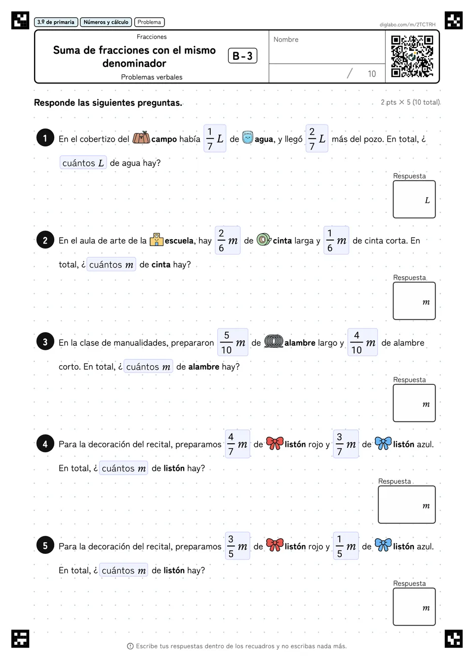 3.º de primaria Fracciones Suma de fracciones con el mismo denominador