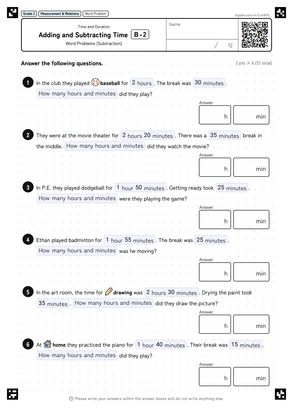 Grade 2 (Elementary School) Time and Duration Adding and Subtracting Time