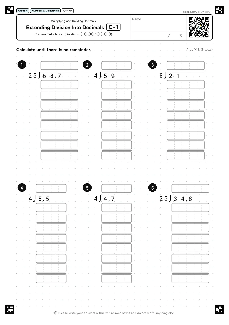 Grade 4 (Elementary School) Multiplying and Dividing Decimals Extending Division Into Decimals