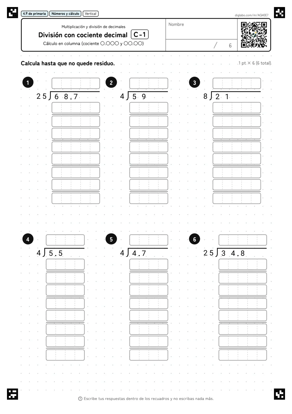 4.º de primaria Multiplicación y división de decimales División con cociente decimal