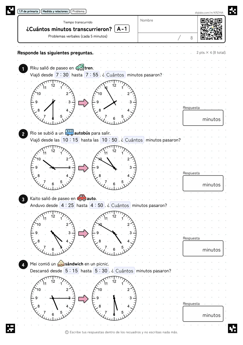 1.º de primaria Tiempo transcurrido ¿Cuántos minutos transcurrieron?