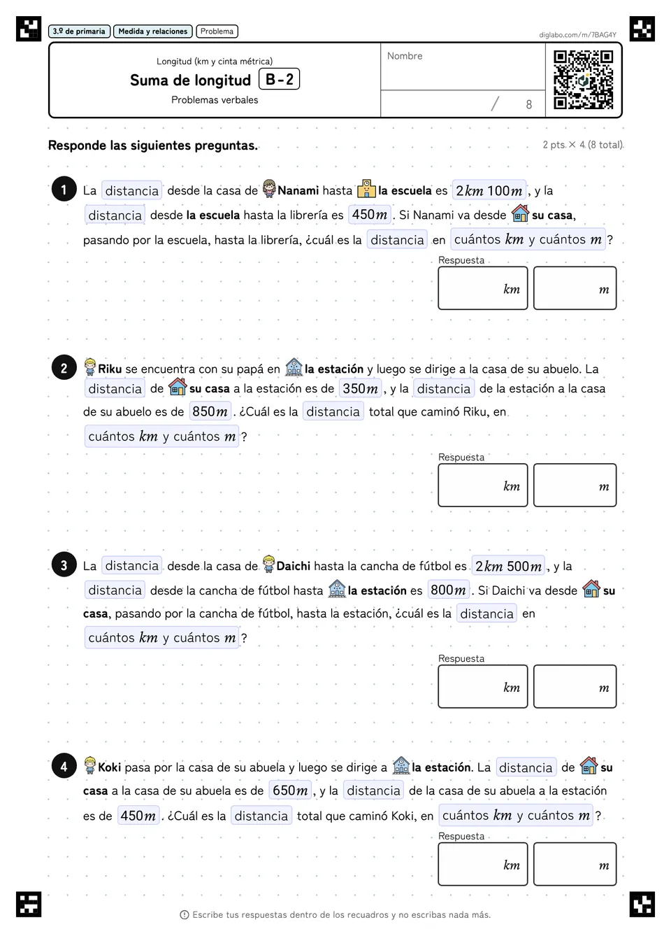 3.º de primaria Longitud (km y cinta métrica) Suma de longitud