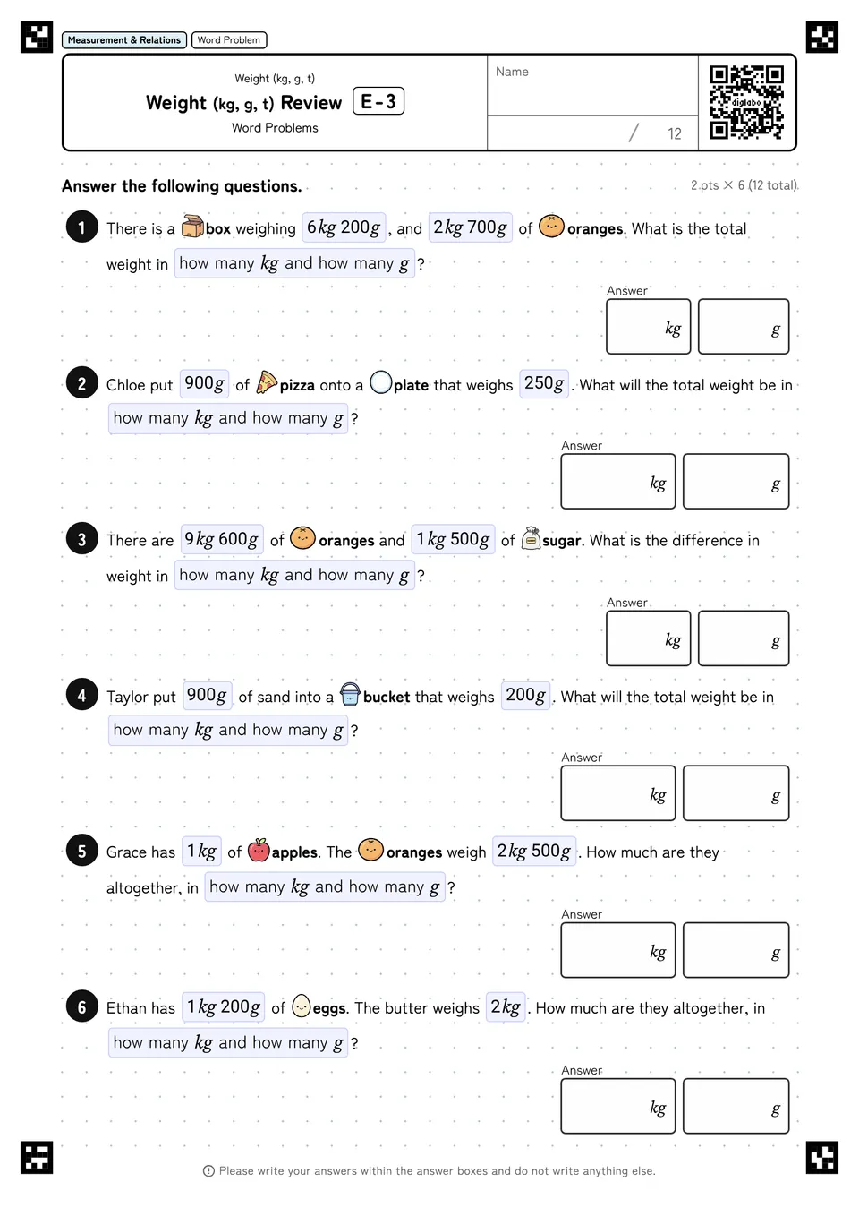 Weight (kg, g, t) Review E-3