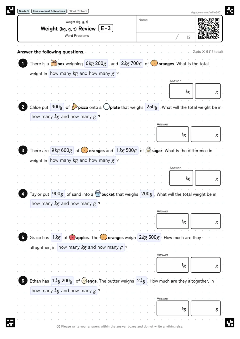 Grade 3 (Elementary School) Weight (kg, g, t) Weight (kg, g, t) Review