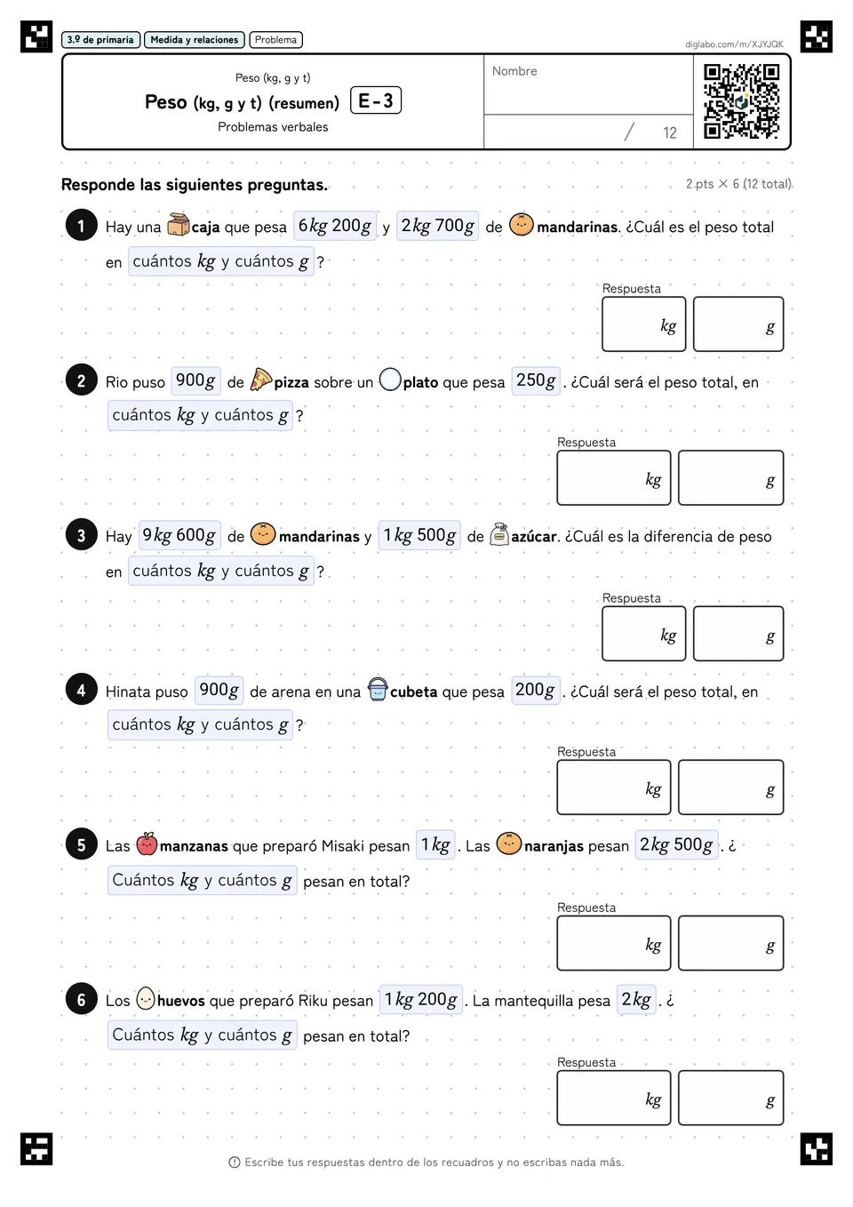 3.º de primaria Peso (kg, g y t) Peso (kg, g y t) (resumen)
