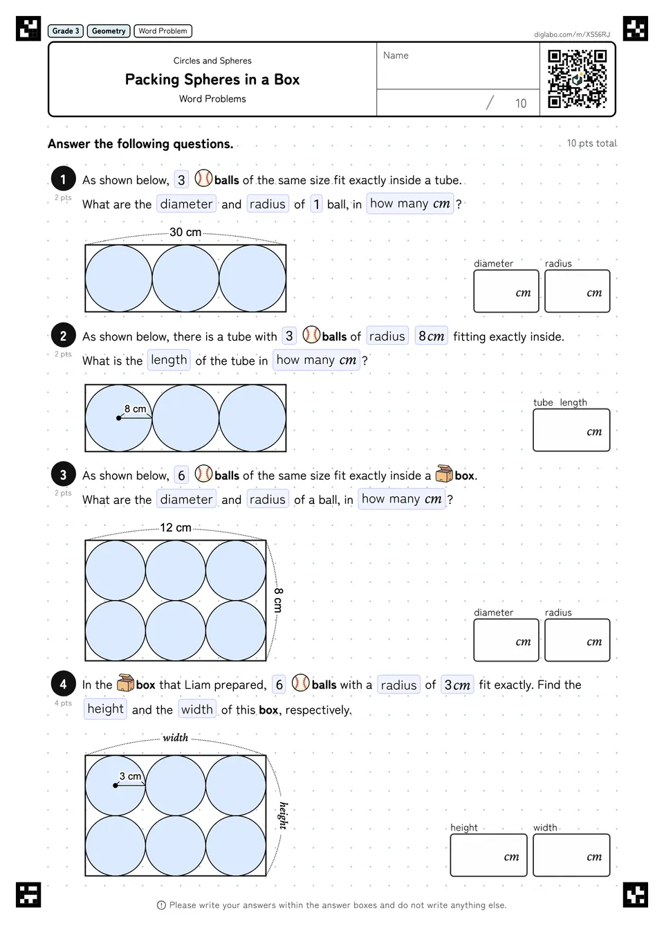 Grade 3 (Elementary School) Circles and Spheres Packing Spheres in a Box