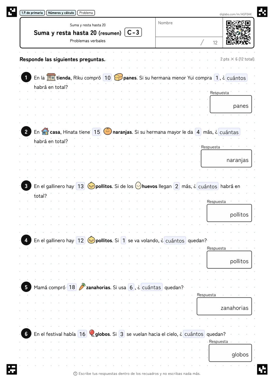 1.º de primaria Suma y resta hasta 20 Suma y resta hasta 20 (resumen)