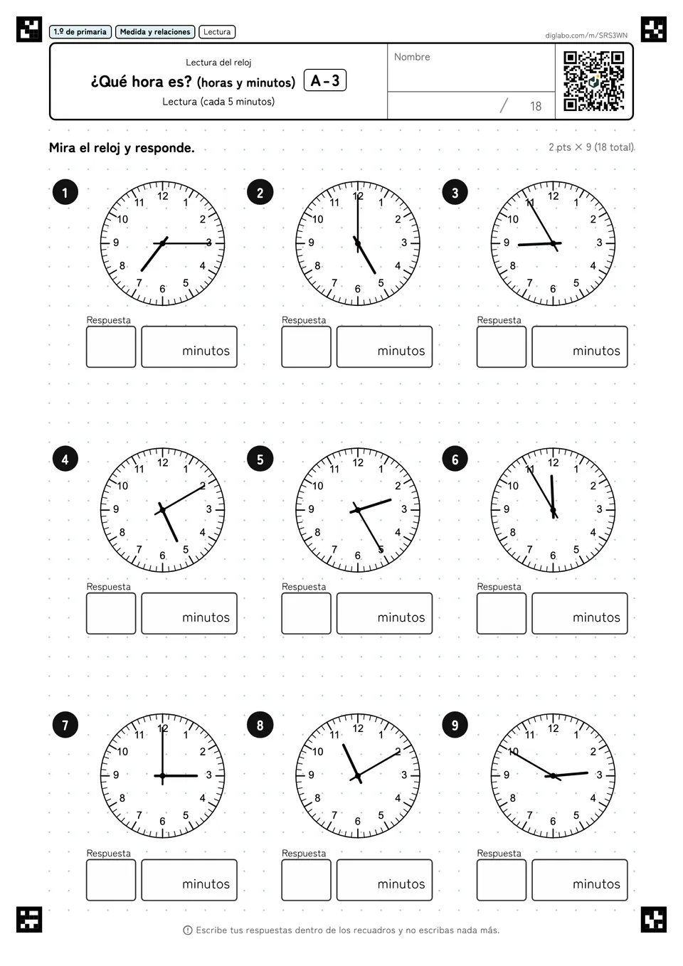 1.º de primaria Lectura del reloj ¿Qué hora es? (horas y minutos)