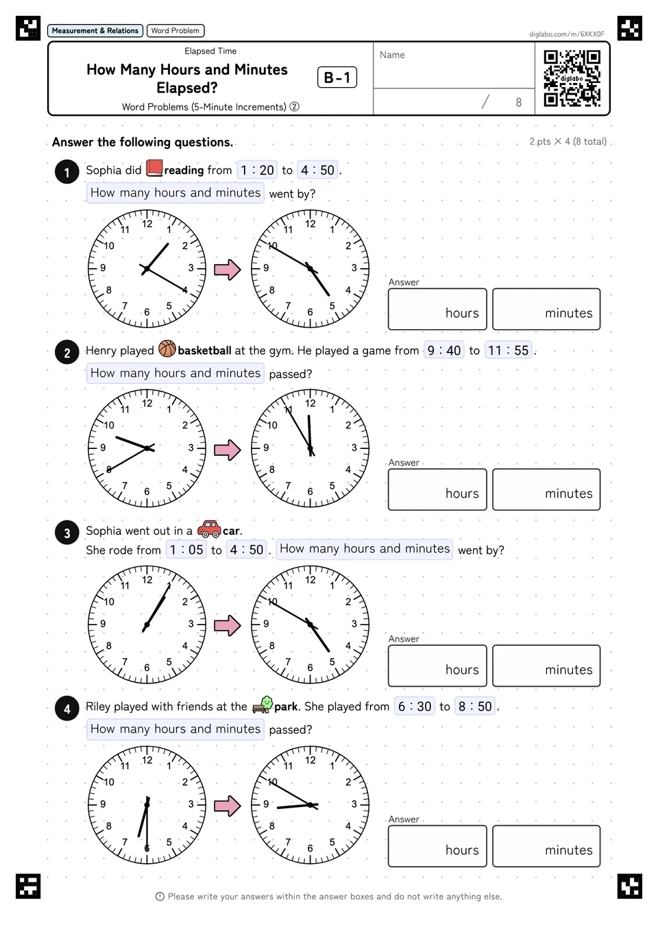How Many Hours and Minutes Elapsed? B-1