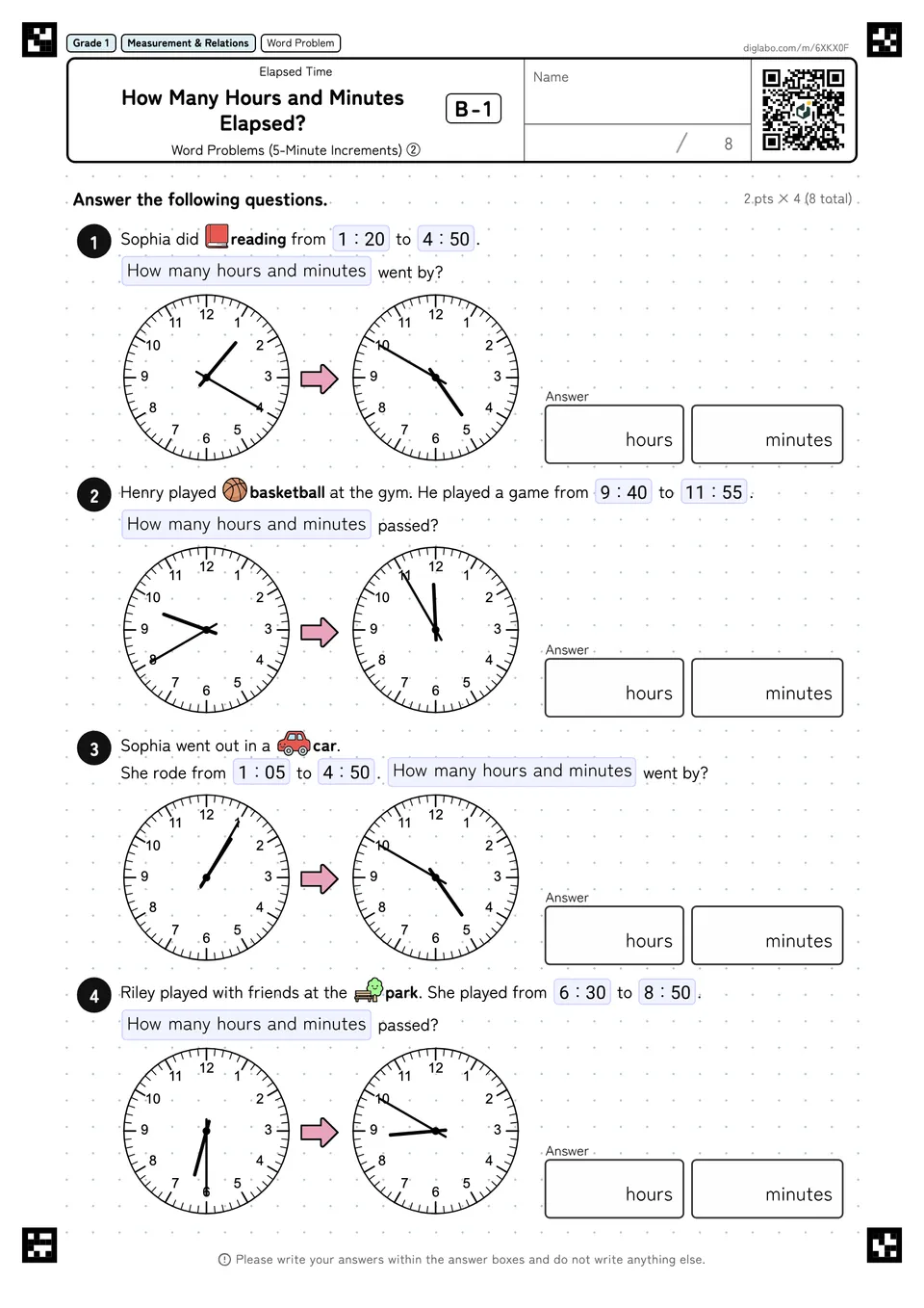 Grade 1 (Elementary School) Elapsed Time How Many Hours and Minutes Elapsed?
