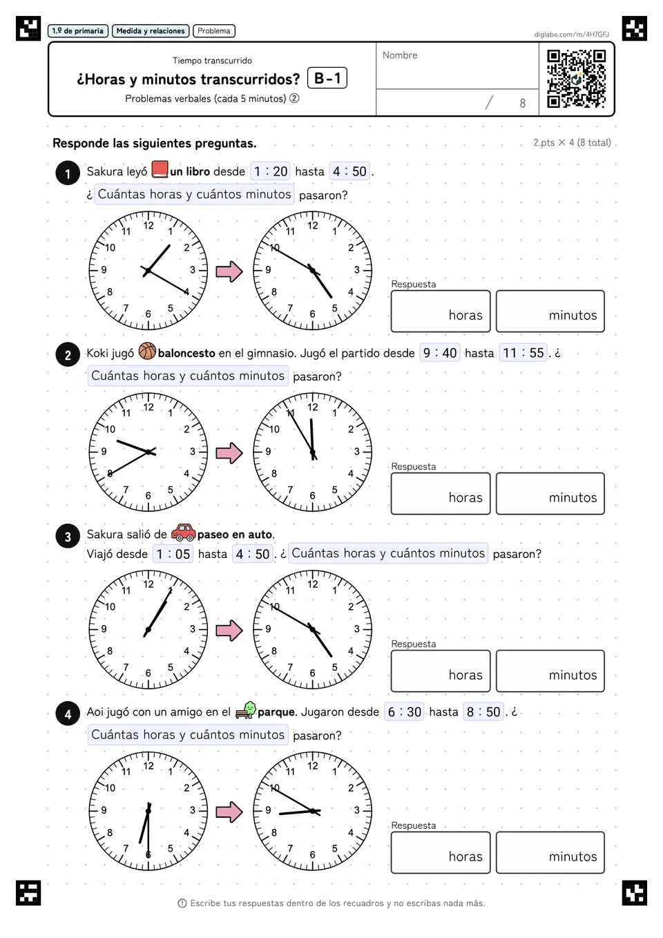1.º de primaria Tiempo transcurrido ¿Horas y minutos transcurridos?