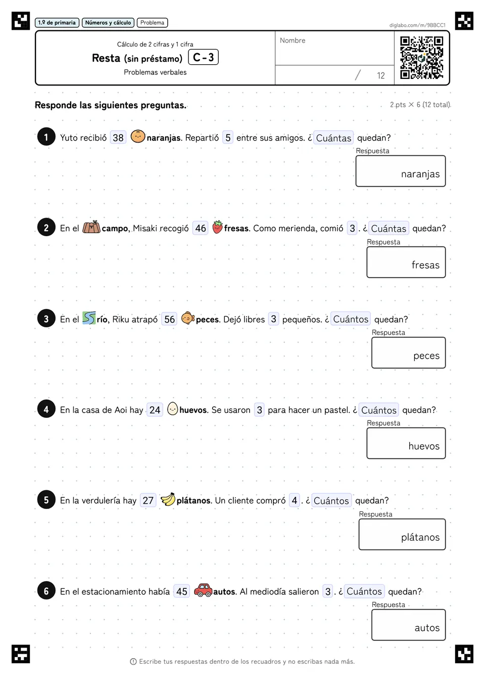 1.º de primaria Cálculo de 2 cifras y 1 cifra Resta (sin préstamo)