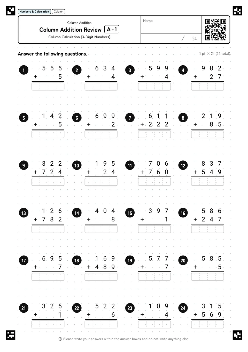 Column Addition Review A-1