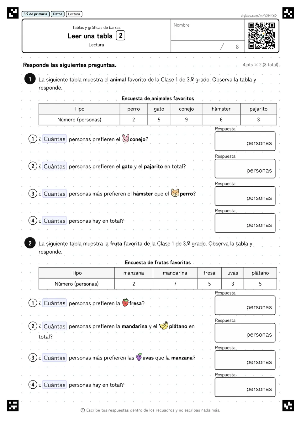 3.º de primaria Tablas y gráficas de barras Leer una tabla