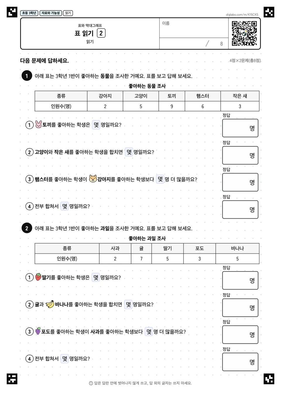 초등학교 3학년 표와 막대그래프 표 읽기
