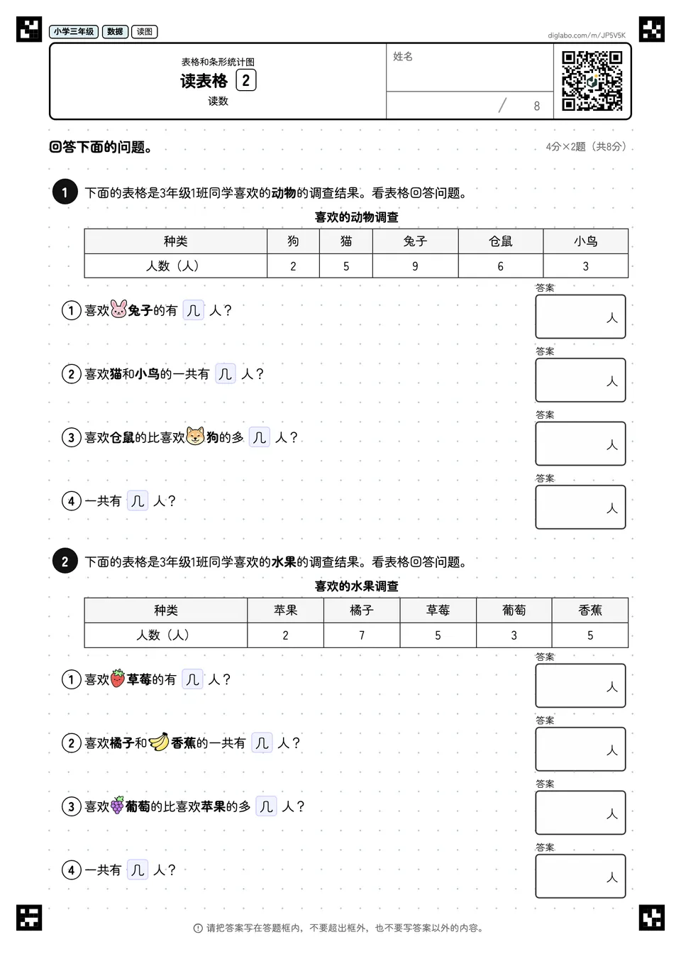 小学三年级 表格和条形统计图 读表格