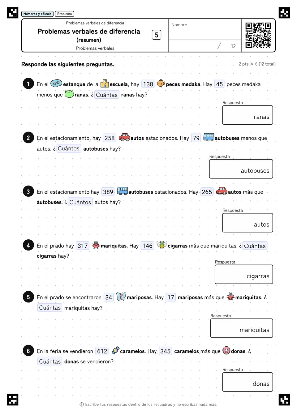 Problemas verbales de diferencia (resumen) 5