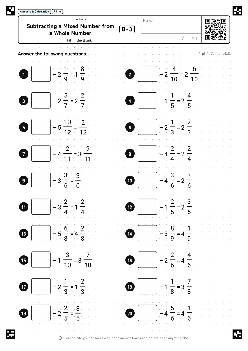 Subtracting a Mixed Number from a Whole Number B-3