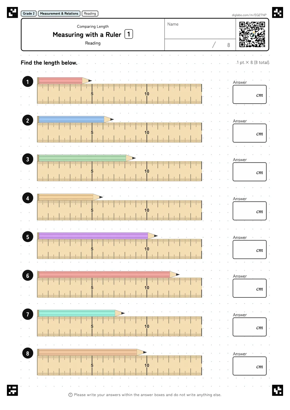Grade 2 (Elementary School) Length (cm, mm, m) Measuring with a Ruler