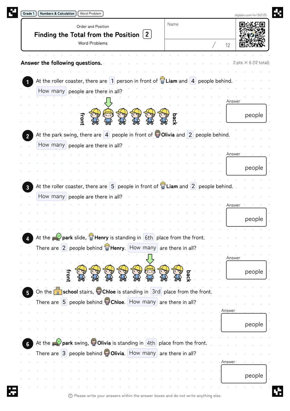 Grade 1 (Elementary School) Order and Position Finding the Total from the Position