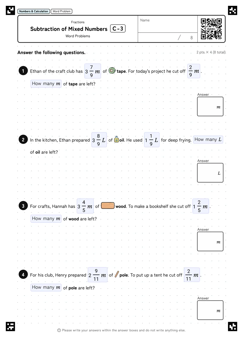 Subtraction of Mixed Numbers C-3