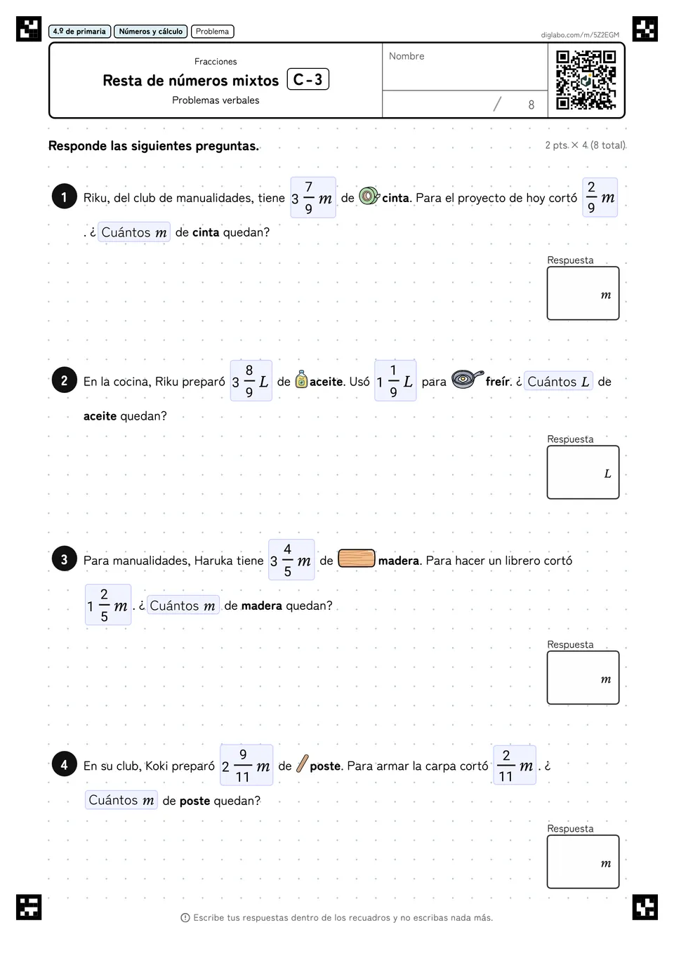 4.º de primaria Fracciones Resta de números mixtos