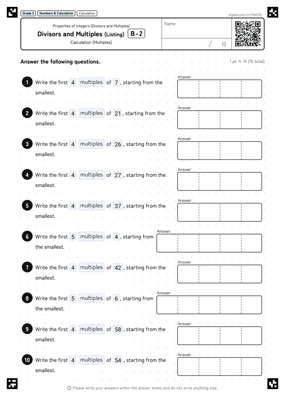 Grade 5 (Elementary School) Properties of Integers (Divisors and Multiples) Divisors and Multiples (Listing)