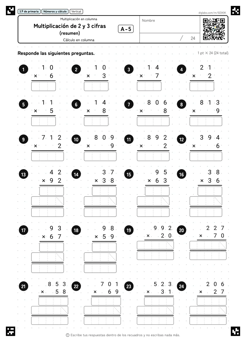 3.º de primaria Multiplicación (2 y 3 cifras) Multiplicación de 2 y 3 cifras (resumen)
