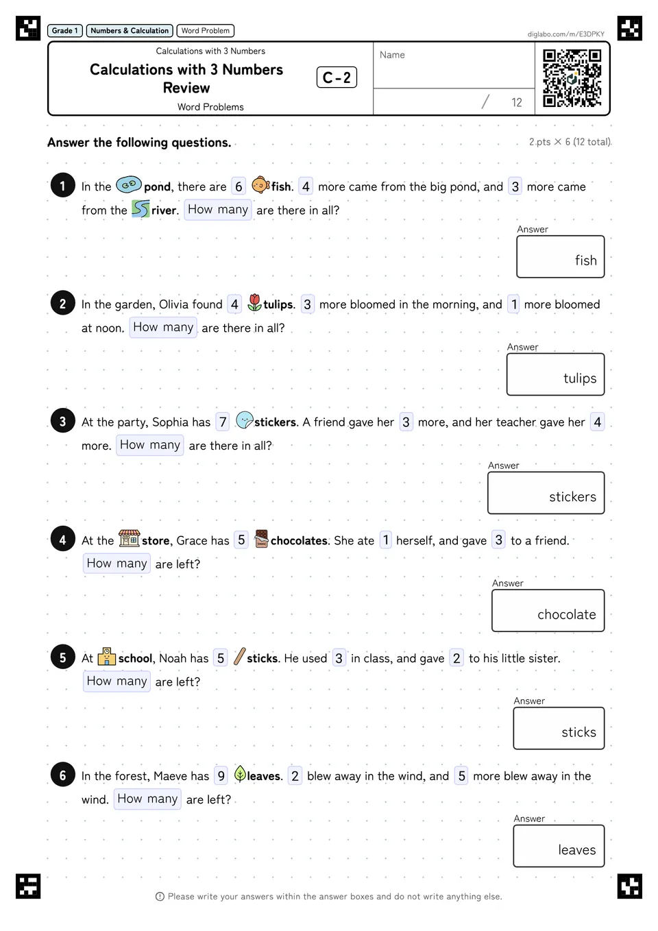 Grade 1 (Elementary School) Calculations with 3 Numbers Calculations with 3 Numbers Review