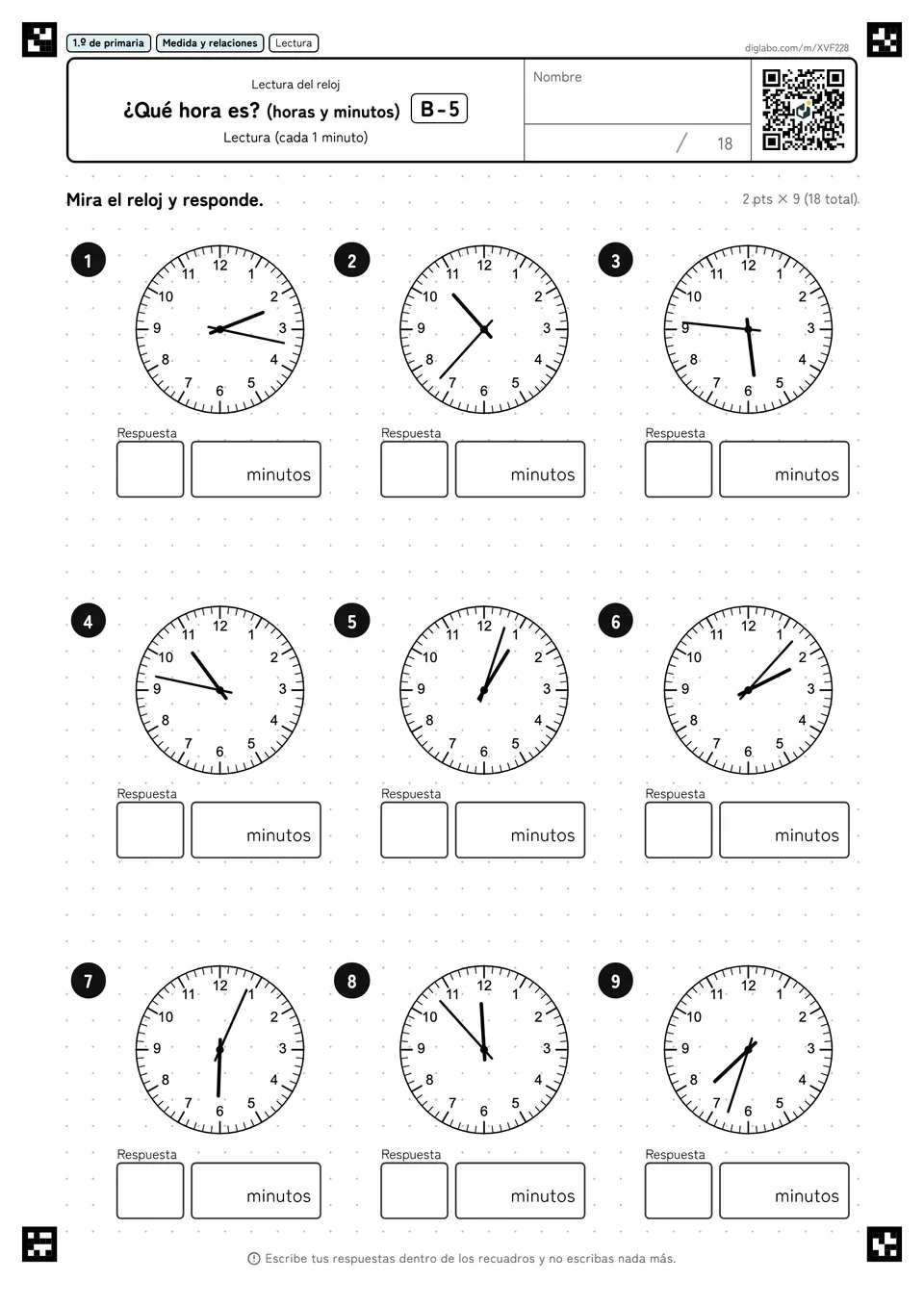 1.º de primaria Lectura del reloj ¿Qué hora es? (horas y minutos)