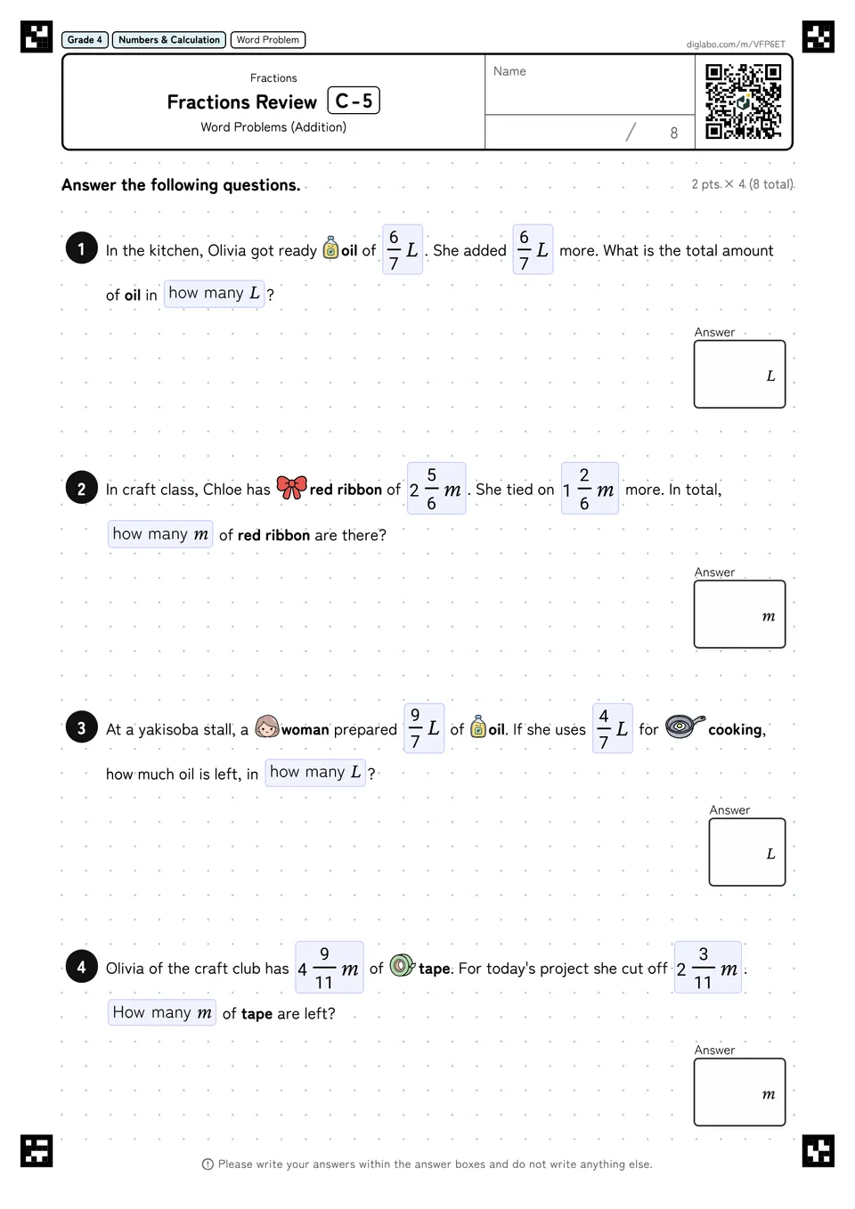 Grade 4 (Elementary School) Fractions Fractions Review
