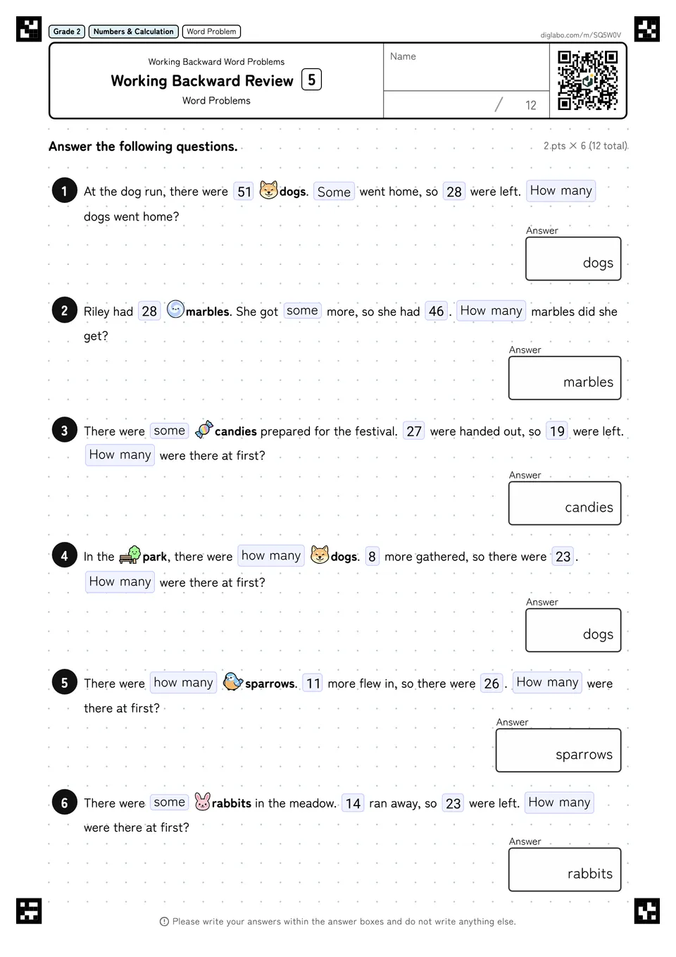 Grade 2 (Elementary School) Working Backward Word Problems Working Backward Review
