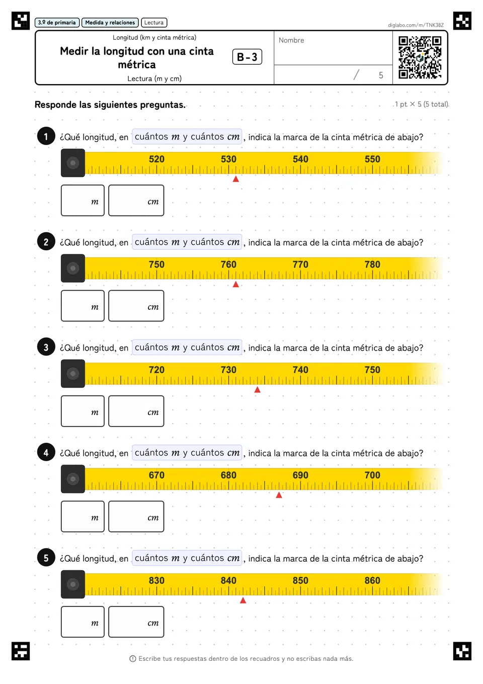 3.º de primaria Longitud (km y cinta métrica) Medir la longitud con una cinta métrica