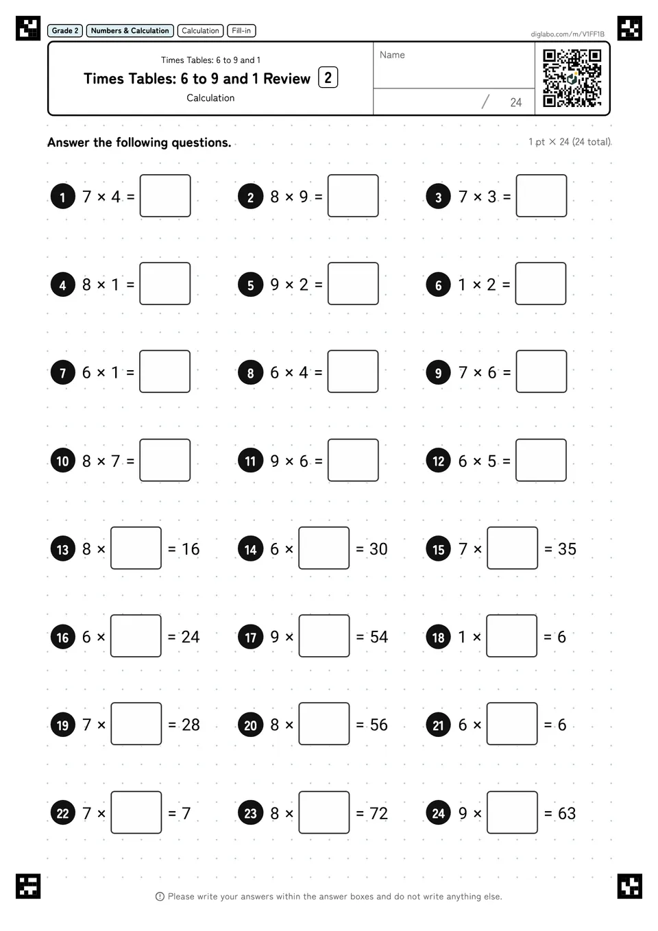 Grade 2 (Elementary School) Times Tables: 6 to 9 and 1 Times Tables: 6 to 9 and 1 Review