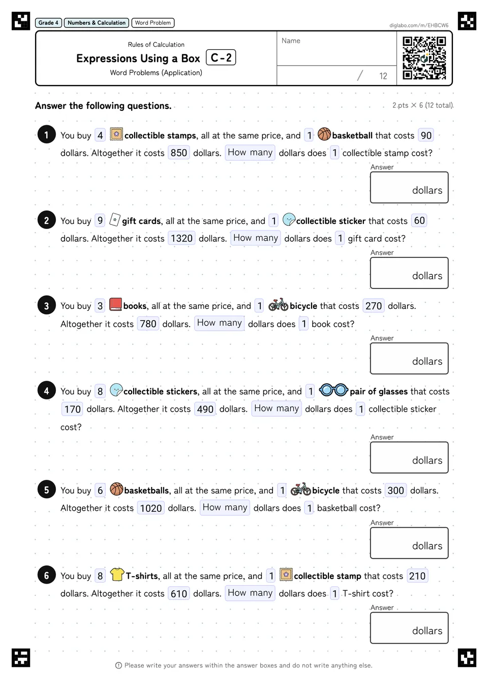 Grade 4 (Elementary School) Rules of Calculation Expressions Using a Box