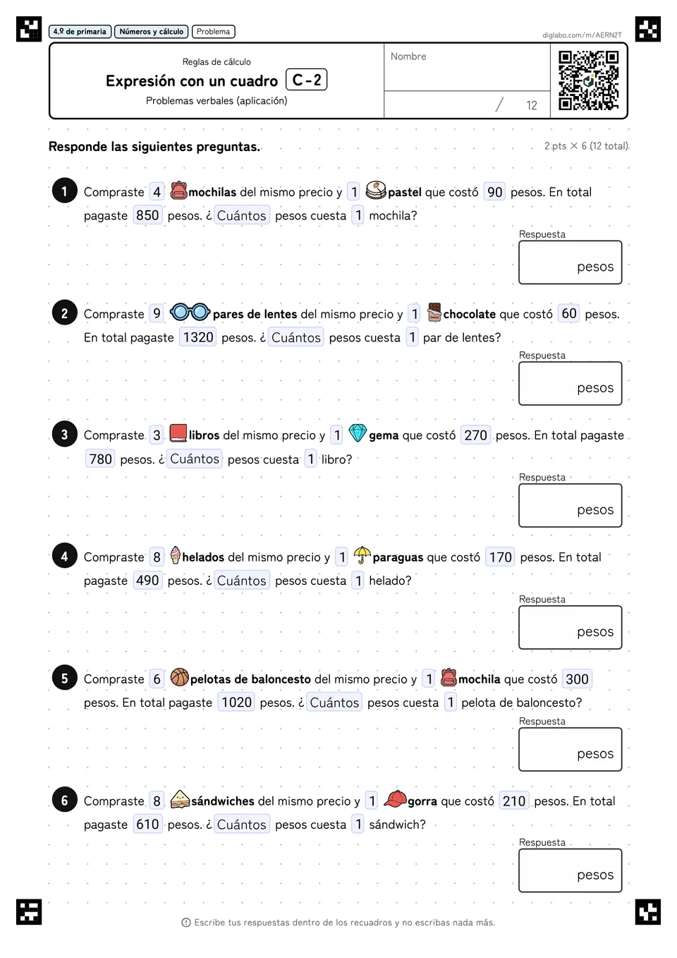4.º de primaria Reglas de cálculo Expresión con un cuadro