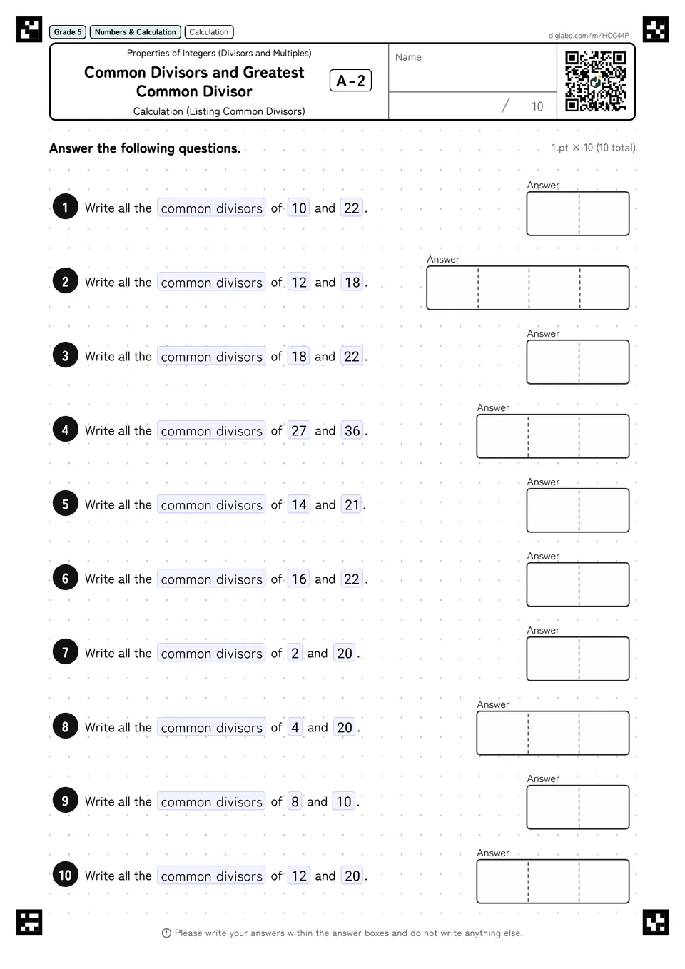 Grade 5 (Elementary School) Properties of Integers (Divisors and Multiples) Common Divisors and Greatest Common Divisor
