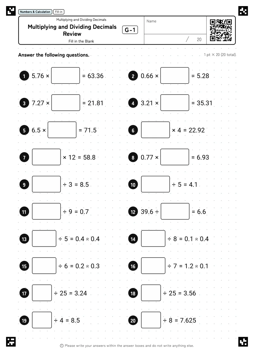 Multiplying and Dividing Decimals Review G-1